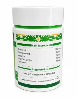 GHT Garlic Oil Softgel ingredients and suggested use label showing garlic oil composition