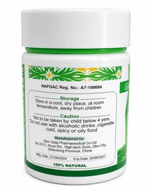 GHT Garlic Oil Softgel 500mg back label with NAFDAC registration and storage instructions