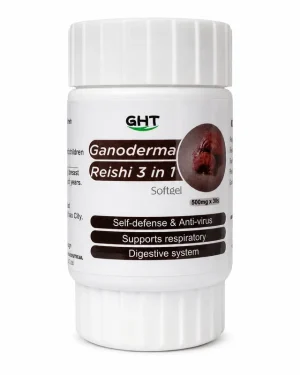 GHT Ganoderma Reishi 3 in 1 Softgel 500mg x 30s supplement bottle front label