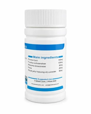 GHT Sto Care Tablets ingredients panel listing fructus lycii, schisandra, dioscorea, poria and royal jelly on a white bottle, for digestive wellbeing