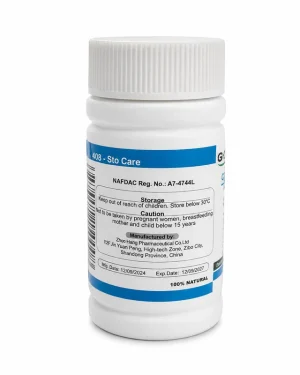GHT Sto Care Tablets back label showing the NAFDAC number, storage and caution details on a white bottle, supporting authentic stomach care