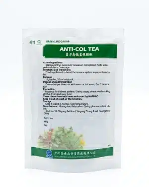 Back label of GreenLife Anti-Col Tea showing the herbal ingredients, 10g sachet dosage directions, precautions and storage information.