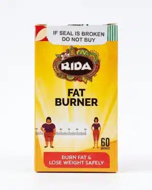 RIDA Fat Burner 60 capsules front packaging with yellow RIDA label and sealed carton, a herbal supplement for weight management support.
