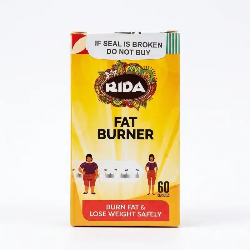Rida Fat Burner Capsules – Herbal Weight Management Supplement (60 Capsules) - Recs-Medix Rida fat burner 60 capsules front packaging with yellow rida label and sealed carton, a herbal supplement for weight management support.