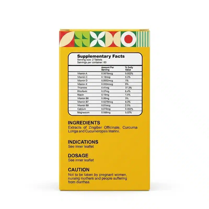 Rida Fat Burner Capsules – Herbal Weight Management Supplement (60 Capsules) - Recs-Medix Rida fat burner 60 capsules back panel showing supplementary facts, ginger, turmeric and egusi ingredients, dosage note and caution.