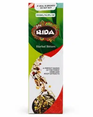 RIDA Herbal Bitters 500ml front carton showing the RIDA logo, Herbal Bitters name and herb and root extract packaging design