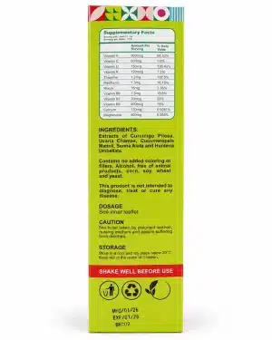 RIDA Herbal Bitters 500ml carton side showing Supplementary Facts, herbal ingredients, dosage note, cautions and storage instructions.