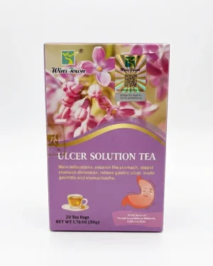 Wins Town Ulcer Solution Tea 20-tea-bag front pack with authenticity sticker, caffeine-free herbal infusion for digestive comfort.