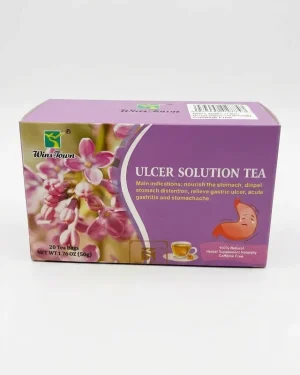 Wins Town Ulcer Solution Tea 20-tea-bag box in landscape view, a naturally caffeine-free herbal infusion for digestive wellness.