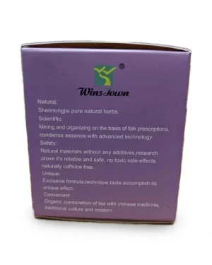 Wins Town Ulcer Solution Tea side panel describing its herbal formulation, caffeine-free feature and traditional tea preparation concept.
