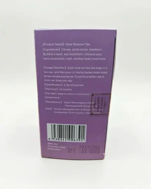 Wins Town Ulcer Solution Tea back panel showing ingredients, preparation directions, 20-sachet specification, barcode and manufacturer details.