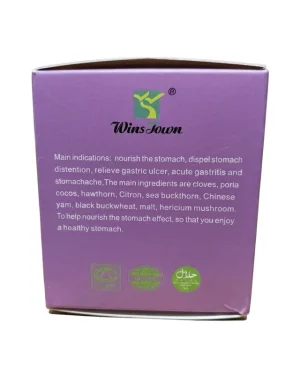 Wins Town Ulcer Solution Tea side panel showing the herbal ingredient summary and certification symbols on the purple 20-tea-bag box.