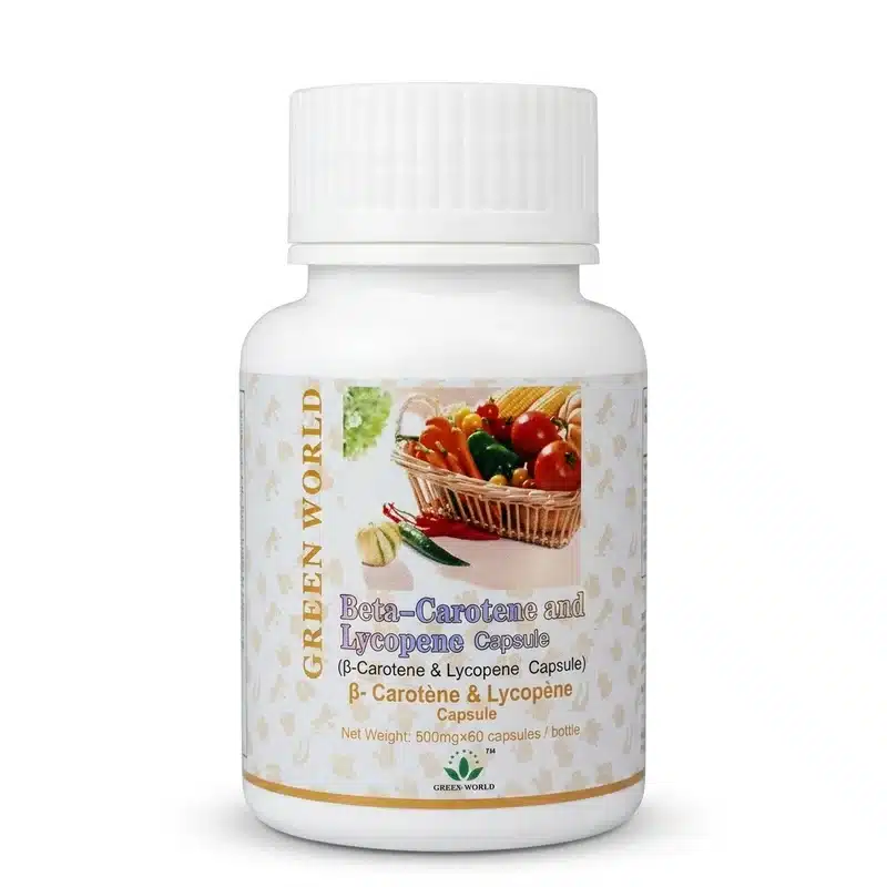 Green World Beta-Carotene &Amp; Lycopene – Eye &Amp; Skin Support – 500Mg – 60 Capsules - Recs-Medix Green world beta-carotene and lycopene capsule, white 60-capsule bottle with vegetable basket label, carotenoid antioxidant support for eyes and skin.