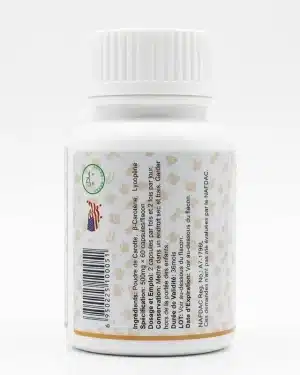 Back label of Green World Beta-Carotene and Lycopene Capsule listing carrot powder, beta-carotene, lycopene and NAFDAC number A7-1796L for adults.