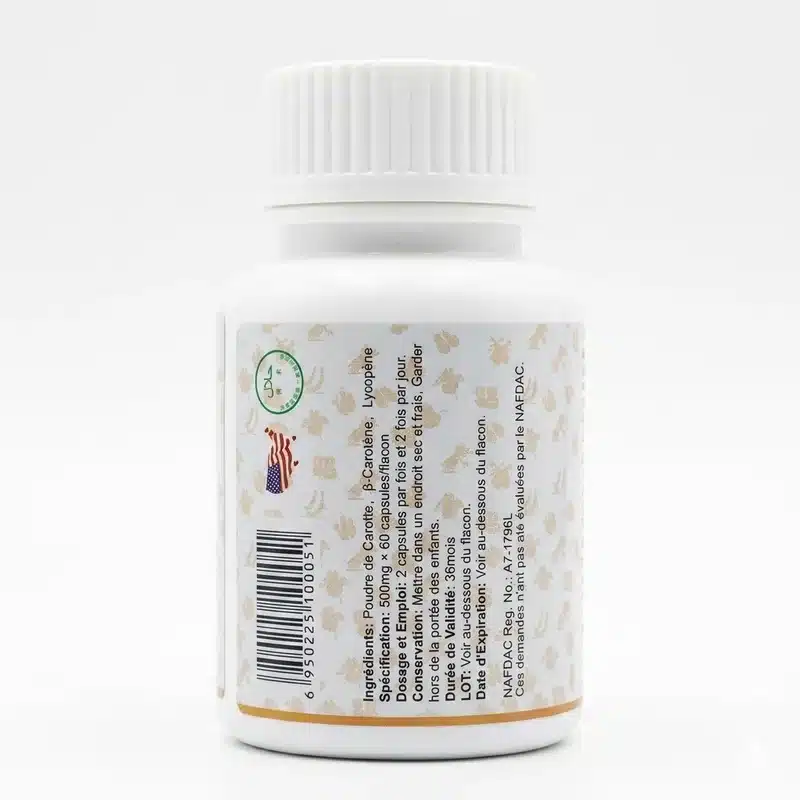 Green World Beta-Carotene &Amp; Lycopene – Eye &Amp; Skin Support – 500Mg – 60 Capsules - Recs-Medix Back label of green world beta-carotene and lycopene capsule listing carrot powder, beta-carotene, lycopene and nafdac number a7-1796l for adults.