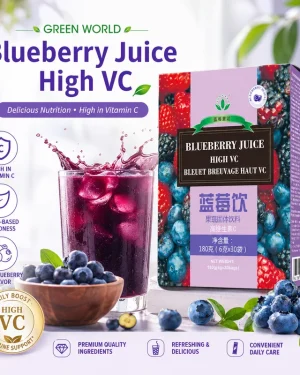 Green World Blueberry Juice High VC lifestyle image with fresh blueberries, purple drink and product box for refreshing daily wellness.