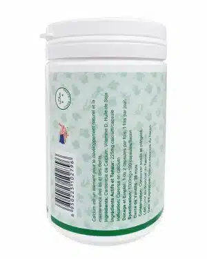 Green World Calcium Capsule barcode and French label view, used to verify the authentic 1000mg calcium and vitamin D supplement.