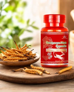 Green World Cordyceps Plus Capsule bottle beside dried cordyceps sinensis herb, natural energy and vitality supplement for active adults.