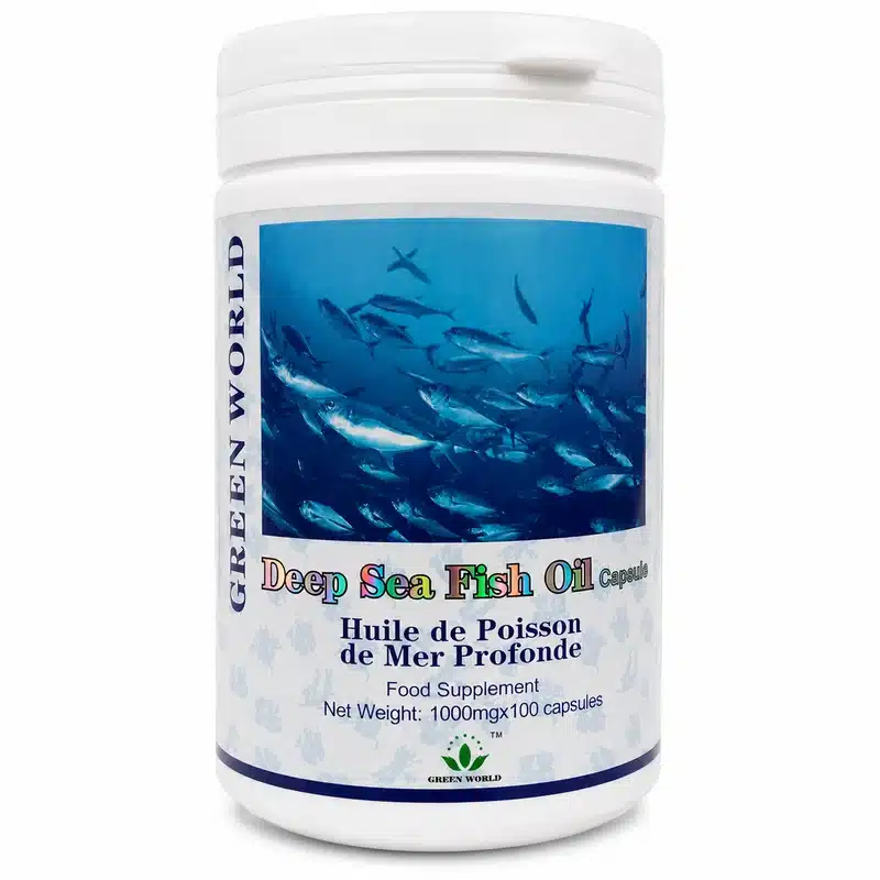Green World Deep Sea Fish Oil – Omega-3 Heart &Amp; Brain Support – 1000Mg – 100 Capsules - Recs-Medix Green world deep sea fish oil 1000mg 100 capsules front label, omega-3 fish oil supplement for adult wellness support.