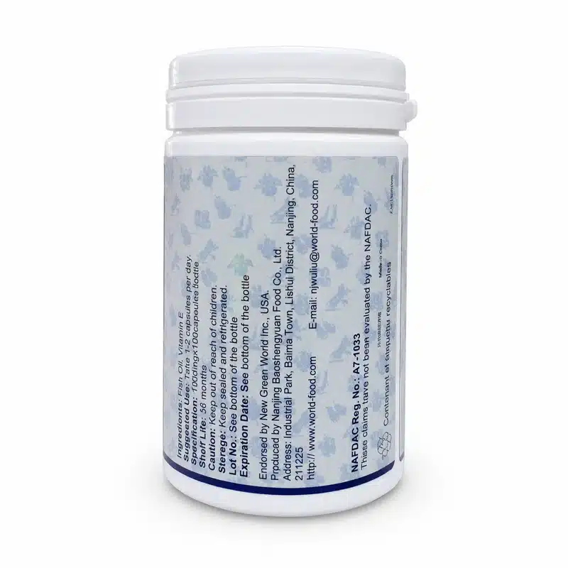 Green World Deep Sea Fish Oil – Omega-3 Heart &Amp; Brain Support – 1000Mg – 100 Capsules - Recs-Medix Green world deep sea fish oil back label showing nafdac a7-1033, dosage and manufacturer details for authenticity checks.