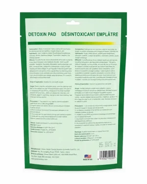 Green World Detoxin Pad 10 pieces back label showing usage directions, ingredients, barcode and product information