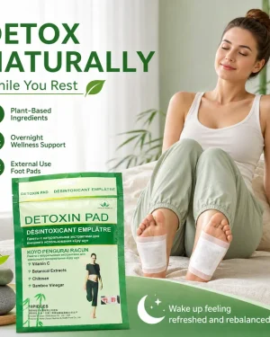 Green World Detoxin Pad lifestyle image showing external-use foot pads applied during rest for overnight wellness support