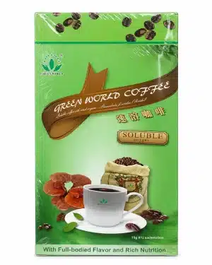 Green World Ganoderma Coffee box, green pack with a coffee cup and Ganoderma mushrooms, soluble coffee blend for daily immune and energy wellness support.