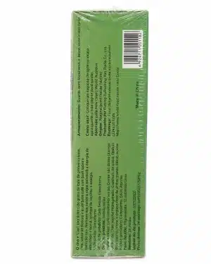 Side panel of Green World Ganoderma Coffee listing the soluble coffee, creamer and Ganoderma ingredients on the green sachet box for label verification.