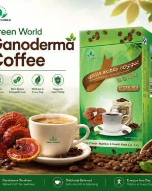 Green World Ganoderma Coffee box with steaming coffee cup, coffee beans and ganoderma mushrooms in a natural lifestyle scene