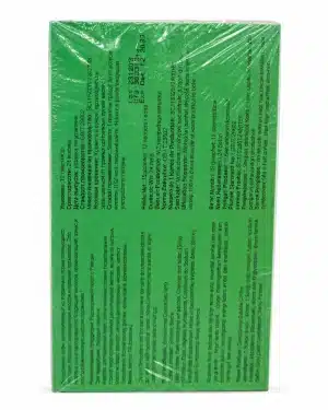 Side panel of Green World Ganoderma Coffee listing the soluble coffee, creamer and Ganoderma ingredients on the green sachet box for label verification.