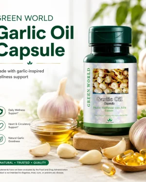 Green World Garlic Oil Capsule lifestyle image with garlic cloves and golden oil, natural supplement for daily heart and immune support.