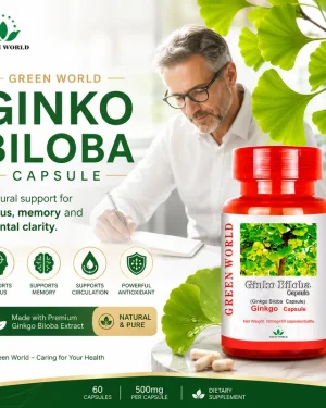 Green World Ginko Biloba Capsule with adult writing, ginkgo leaves and icons for focus, memory and circulation support