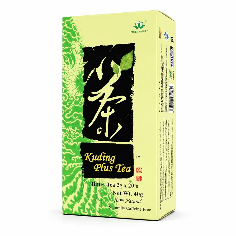 Green World Kuding Plus Tea – Detox &Amp; Circulation Support – 2.5G – 20 Sachets - Recs-Medix Green world kuding plus tea front box showing kuding plus tea 2g x 20 sachets, net wt. 40g, 100% natural herbal tea.
