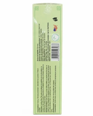 Green World Kuding Plus Tea side panel showing NAFDAC registration, barcode and production details for authentic herbal tea