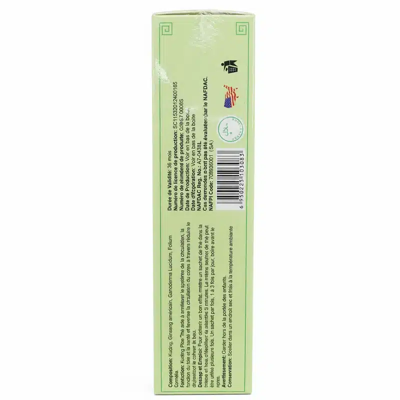 Green World Kuding Plus Tea – Detox &Amp; Circulation Support – 2.5G – 20 Sachets - Recs-Medix Green world kuding plus tea side panel showing nafdac registration, barcode and production details for authentic herbal tea