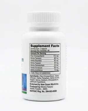Green World Livergen Capsule supplement facts panel showing chrysanthemum, dandelion and goji berry extracts for liver wellness support.