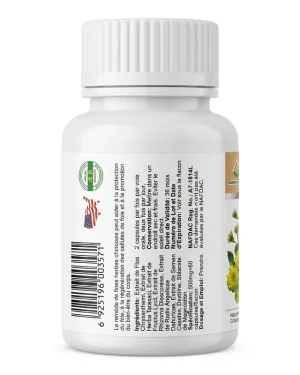 Green World Livergen Capsule back label with Halal certification and NAFDAC A7-1814L marking, herbal liver detox support supplement.