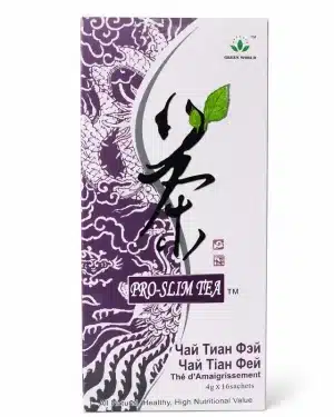 Green World Pro-Slim Tea 4g x 16 sachets front box with purple dragon design and green leaf logo, herbal weight management tea for digestion support.