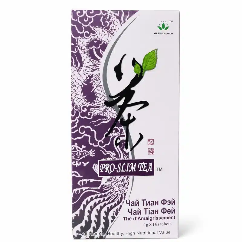 Green World Pro-Slim Tea – Weight Management &Amp; Digestion Support – 4G – 16 Sachets - Recs-Medix Green world pro-slim tea 4g x 16 sachets front box with purple dragon design and green leaf logo, herbal weight management tea for digestion support.