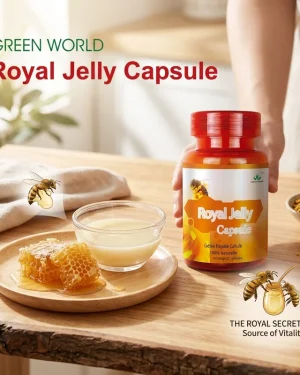 Green World Royal Jelly Capsule lifestyle image with honeycomb, bee and royal jelly theme for natural wellness support.