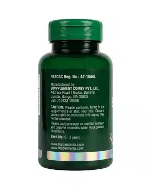 Green World Spirulina Plus Capsule English back label showing dosage, NAFDAC number and storage guidance for safe daily spirulina supplementation.