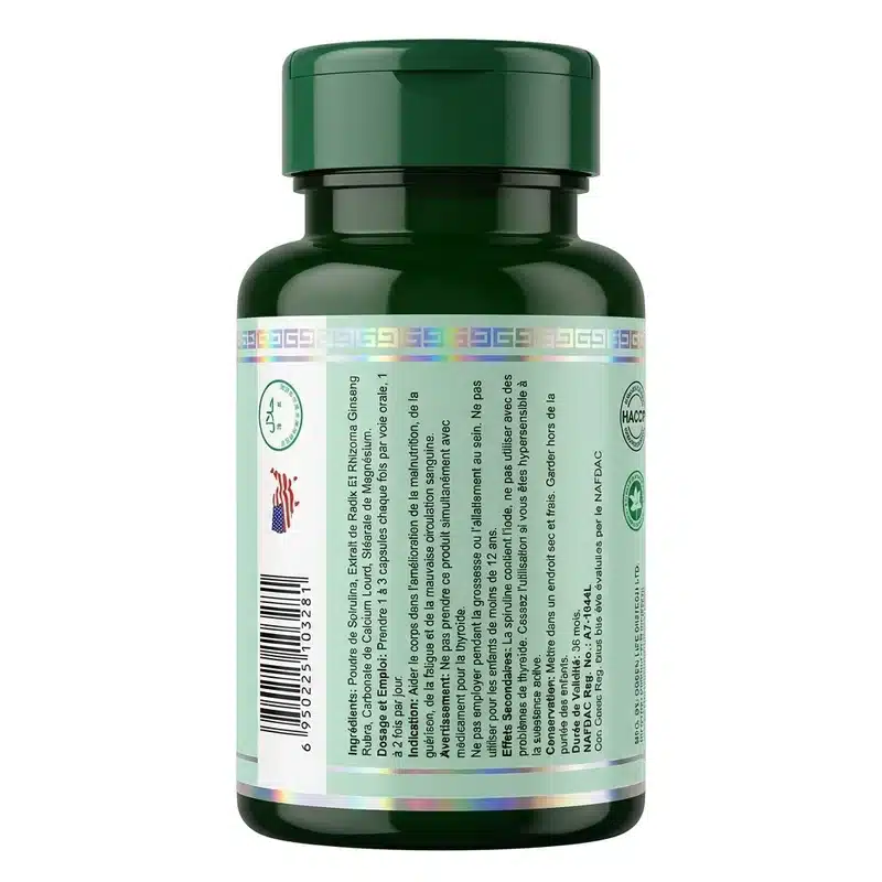 Green World Spirulina Plus Capsule – Daily Energy Support – 500Mg – 60 Capsules - Recs-Medix Green world spirulina plus capsule ingredients label listing spirulina powder and red ginseng, taken to support nutrition, energy and circulation.