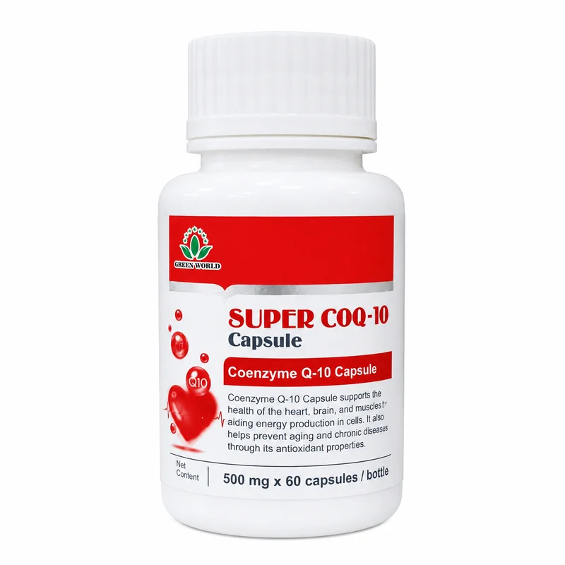 Green World Super Coq-10 Capsule – Heart &Amp; Energy Support – 500Mg – 60 Capsules - Recs-Medix Green world super coq-10 capsule white bottle with red label, coenzyme q10 supplement for heart and energy support.
