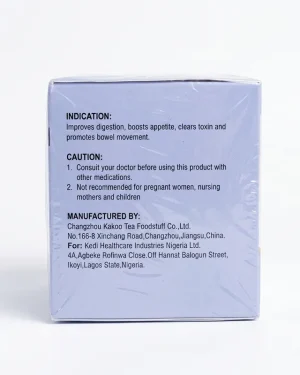 Side panel of Kedi Colon Cleanser Tea listing digestion and bowel indication plus Kedi Healthcare manufacturer details