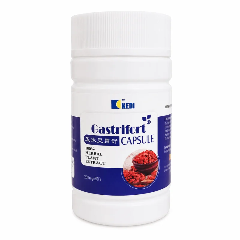 Kedi Gastrifort Capsule – Digestive Comfort Support – 250Mg – 90 Capsules - Recs-Medix Kedi gastrifort capsule front label, white bottle, 250mg × 90 herbal plant extract for digestive comfort and stomach wellness support.