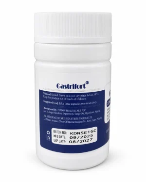 Kedi Gastrifort Capsule side label showing suggested use, storage and manufacturer details for the digestive support supplement.