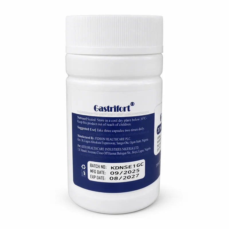 Kedi Gastrifort Capsule – Digestive Comfort Support – 250Mg – 90 Capsules - Recs-Medix Kedi gastrifort capsule side label showing suggested use, storage and manufacturer details for the digestive support supplement.
