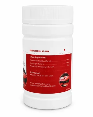 Side label of KEDI ReiShi Capsule showing NAFDAC number A7-0444L and main ingredients: Ganoderma lucidum, Cordyceps militaris and Royal Jelly.