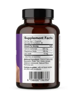 Vitanature Calmazine Supplement Facts panel showing calcium 400mg, magnesium 188mg and zinc 5mg per tablet, 60 tablets.
