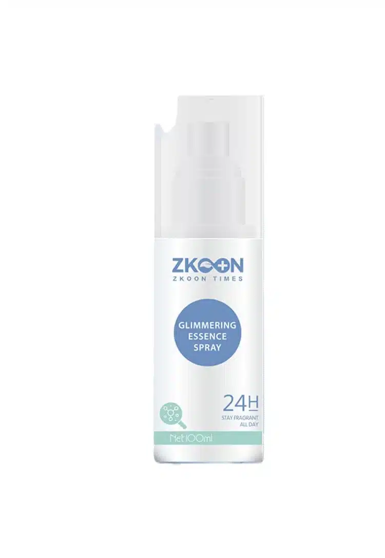 Zkoon Glimmering Essence Spray – Antiperspirant Deodorant Body Spray – 100Ml - Recs-Medix Zkoon glimmering essence spray in a white pump bottle with the zkoon times logo, a round blue glimmering essence spray seal and a 24h mark